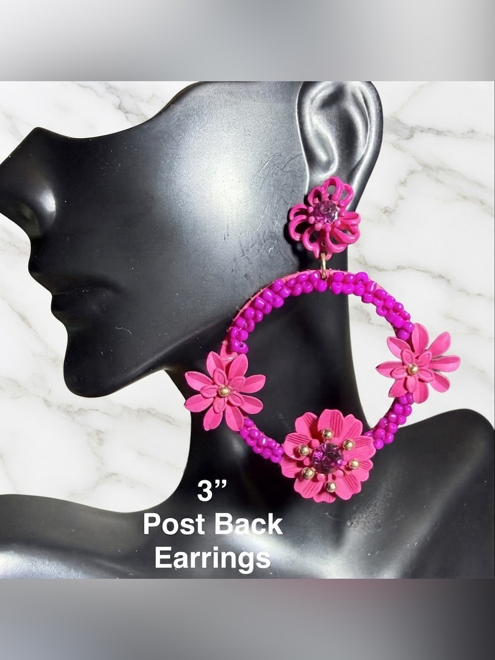 Pink Floral Hoop Post-Back Earrings - Bold Fuchsia Flower Design